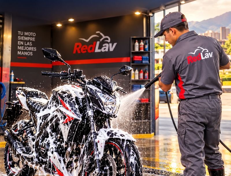 Un lavador con uniforme de RedLav lava con espuma una moto deportiva negra en un lavadero con el logo de RedLav en la pared